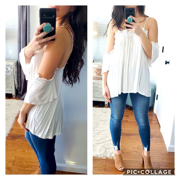 π₯SALEπ₯ White off the shoulder trim top - Picture 2 of 8